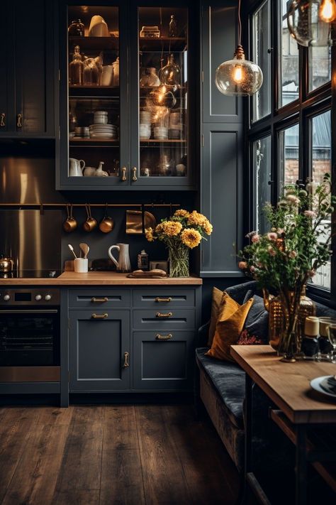 Discover the allure of moody farmhouse kitchen ideas that blend the warmth of traditional rustic design with a hint of contemporary drama. Embrace deep, rich color palettes, weathered wood accents, and vintage-inspired fixtures to infuse your kitchen with an inviting ambiance. Let the interplay of dark hues and natural textures transport you to a space that exudes timeless charm and modern elegance. Grey Soapstone Countertops Kitchen, Dark Academia Kitchen, Kitchen Witches, Moody Farmhouse, 40 Aesthetic, Moody Kitchen, Rustic Kitchens, Barn Apartment, Craftsman Kitchen