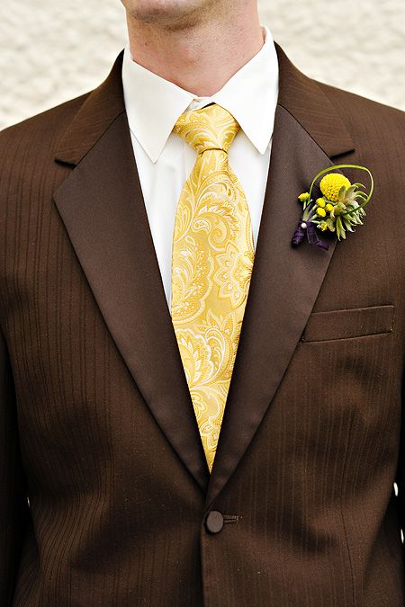 like these colors.. Vegetable Centerpieces, Brown Tux, Brown Suit Wedding, Salt Lake City Wedding, Alta Moda Bridal, Lds Wedding, Yellow Tie, Outfits Hombre, Brown Wedding