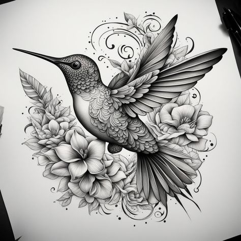 "Nature’s Dance: Hummingbird and Floral Harmony" A detailed hummingbird surrounded by blooming flowers, creating a dynamic and graceful tattoo full of natural beauty. #inkedtattoo #inkdrawing #inkedgirls #inkedup #inkart #tattooshop #tattooed #tattoo #tattooart #tattooideas #tattoodesign #tattooartist #tattoos #inktattoo #ink #NaturesDance #FloralTattoo #HummingbirdInk #MonochromeElegance Hummingbird Tattoo Design, Hummingbird Tattoo With Flowers, Hummingbird Flower Tattoos, Monochromatic Design, D Tattoo, Hummingbird Tattoo, Line Art Tattoos, Floral Frame, Blooming Flowers