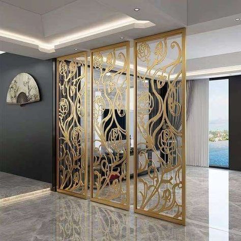 Beautiful Wall Partition Design Ideas For Your Home - Engineering Discoveries Wall Partition Design, Metal Room Divider, Home Engineering, Gold Room, Stainless Steel Art, Living Room Divider, Gold Rooms, Partition Screen, Divider Design