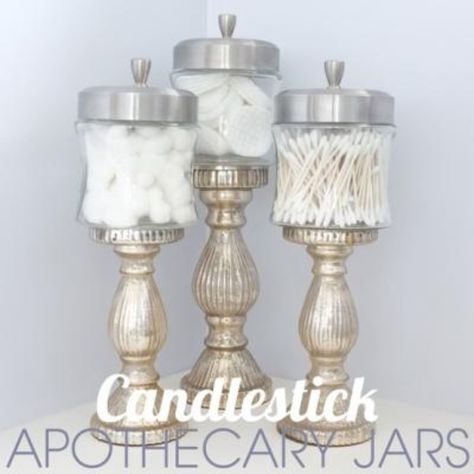 Candlestick Apothecary Jars DIY {Decorative Jars} Mercury Glass Candlesticks, Apothecary Jar Ideas, Mercury Glass Diy, Nail Salon Design, Jar Diy, Bathroom Decoration, Makeup Room, Salon Decor, Apothecary Jars