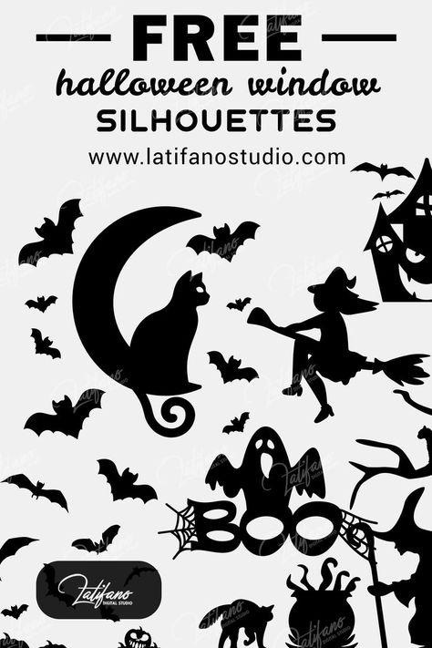 Spookify your room with different Halloween decorations. Create a potion bottle, set up a branch chandelier for a ghostly forest shadow, light creepy bloody candles, put up Halloween window silhouettes, make a ghost out of chicken wire, or surprise guests with a scary message in glow-in-the-dark frosting. Diy Halloween Window Silhouettes Printable, Halloween Window Stencils, Diy Haunted House Silhouette, Window Silouhette Halloween Diy, Diy Halloween Window Silhouettes Easy, Free Halloween Silhouette Printables, Spooky Silhouettes Halloween Window, Cricut Halloween Decorations Outdoor, Printable Halloween Silhouettes