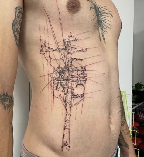 dollhouse.ttt on insta Chicken Scratch Tattoo, Power Line Tattoo, Electricity Tattoo, Cable Tattoo, Industrial Tattoo, Mecha Tattoo, Pole Tattoo, Scratch Tattoo, Native Indian Tattoos