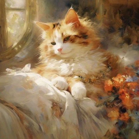 Cat Art Illustration, Rennaissance Art, Old Paintings, Romantic Art, Arte Animal, Ethereal Art, Dreamy Art, Cat Painting, Cat Drawing