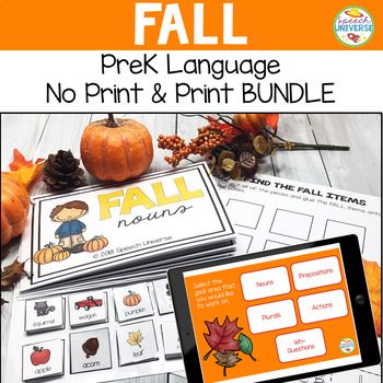 This set of products combines my traditional print version of the Preschool Language Kit: Fall with the digital version of the interactive books included in the kit. This set can be used for in person therapy, distance learning, or teletherapy.Traditional print version contains: 5 Different interactive books Fall Nouns Fall Plurals Fall Prepositions Fall Actions Fall Wh-Questions 1 Find the Fall Items picture sorting page 1 What is It? Picture page with a riddle/clue page for describing the voca Fall Speech Therapy Activities Preschool, Speech Language Pathology Grad School, Fall Speech Therapy, Speech Therapy Activities Preschool, Speech Crafts, Preschool Speech Therapy, Preschool Language, Prek Classroom, Speech Ideas