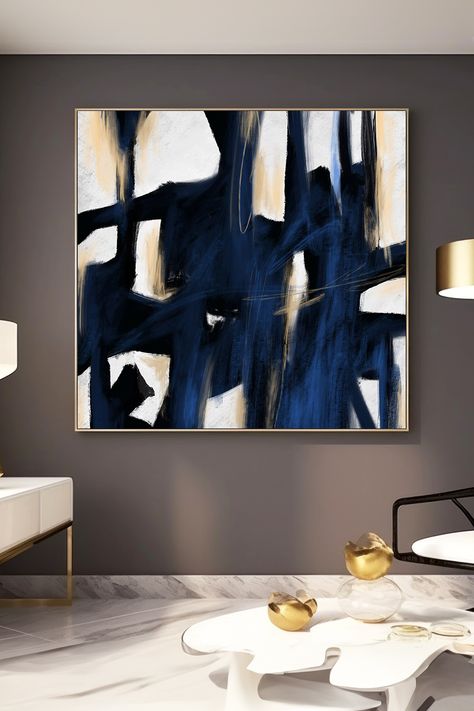 Original handmade abstract painting with navy blue, white and gold brushstrokes on canvas Navy Blue And Gold Office, Blue And Gold Office, Blue Artwork Abstract, Blue Abstract Wall Art, Gold Office, Blue Artwork, Blue Abstract, Modern Artwork, Abstract Wall