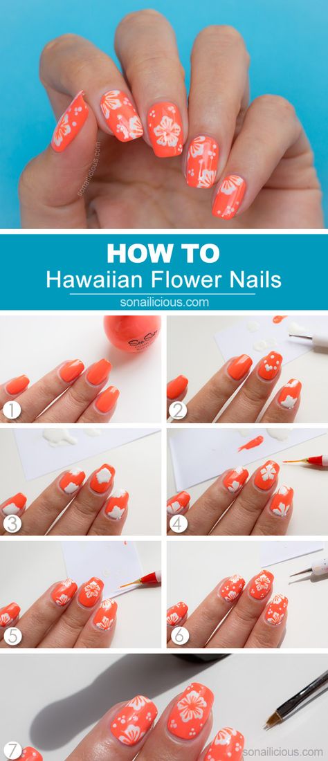 Hawaii Summer nail art tutorial: http://sonailicious.com/hawaiian-flower-nail-art-tutorial/ Hawaiian Nail Art, Summer Nail Tutorials, Hawaiian Flower Nails, Hawaiian Nails, Blue Nail Art, Flower Nail Designs, Hawaiian Flower, Nails Polish, Flower Nail