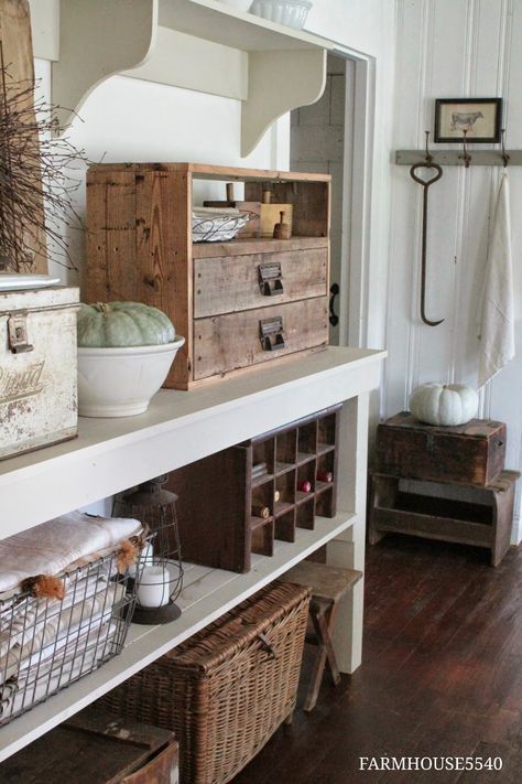 FARMHOUSE 5540: Autumn In The Dining Room Vintage Drawer Shelf, Primitive Cabinets Farmhouse Style, Shelf Decor Dining Room, Farmhouse 5540, Wire Cabinet, Storage Chests, Chic Farmhouse Decor, Farmhouse Storage, Lovely Kitchen