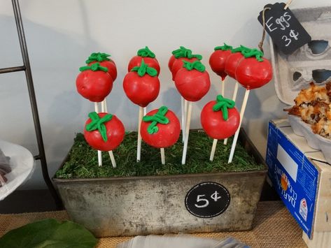 Farmers Market Cake Pops, Tomato Themed Birthday Party, Tomato Birthday Party, Tomato Party Theme, Tomato Theme Party, Tomato Party, Red Cake Pops, Tomato Cake, Farmers Market Birthday Party