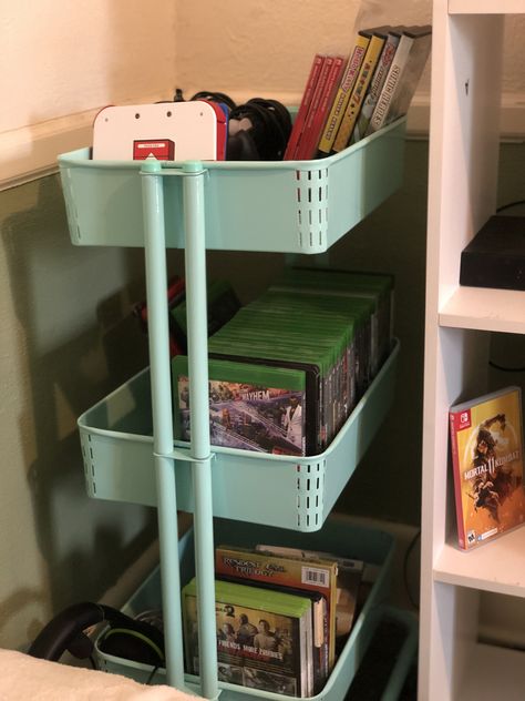 A new use for the Raskog cart! #raskog #videogame #storage #videogamestorage #raskogcart Videogame Storage, Video Game Organization, Raskog Cart, Video Game Storage, Dvd Holder, Gaming Aesthetic, Game Cart, Collection Storage, Unique Floor Plans