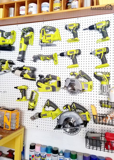 Ryobi power tools in pegboard   #thdprospective Tool Pegboard, Ryobi Power Tools, Pegboard Garage, Garage Organization Tips, Power Tool Storage, Lumber Storage, Pegboard Organization, Tool Box Organization, Garage Organization Diy