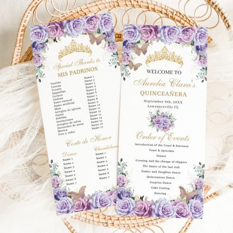 Purple Lilac Floral Quinceañera Order of Events Program - tap/click to get yours right now! #Program #quincea&241;era #mis #quince #anos #xv, Low Budget Quinceanera Ideas, Lilac Quinceanera Ideas, Lavender Quinceanera Ideas, Lilac Quinceanera, 18th Debut, Lavender Quinceanera, Quinceanera Theme, Quinceañera Ideas, Quince Invitations