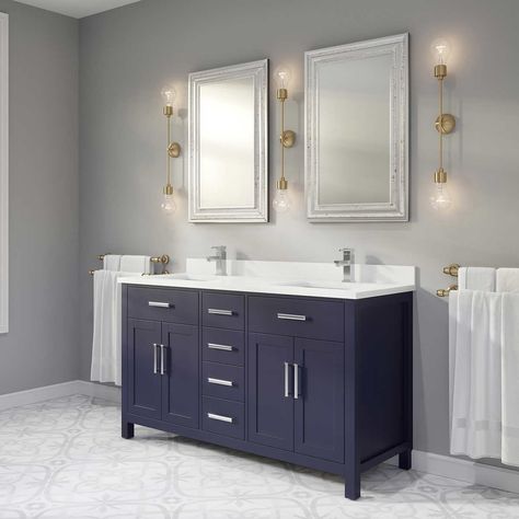 Katie 60" Vanity By Studio Bathe | Costco Navy And Grey Bathroom, Grey And Blue Bathroom Ideas, Blue Vanity Bathroom Ideas, Blue And Grey Bathroom, 60 Vanity, 72 Vanity, Navy Blue Bathrooms, Bathroom Vanity Drawers, 60" Vanity