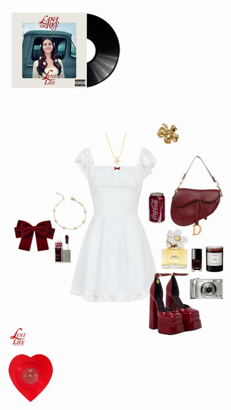 lust for life, lust for life outfit, lust for life outfit inspo, lana del rey, lana del rey lust for life, lust for life vinyl, lana, lana rey, lana del rey outfit, lana del rey outfit inspo, white dress, white dress styled, coquette, coquette aesthetic, dark red, dark red cherry, gold jewellery, gold jewellery styled, dark red shoes, dior, cherry cola, marc jacobs, marc jacob’s perfume, digital photo camera, chanel, daisy, daisy necklace, daisy hair claw, summer, summer outfits, summer outfit inspo, summer aesthetic, lana aesthetic 🤍 Lana Del Rey Concert Outfit Ideas Ultraviolence, Concert Outfit Ideas Lana Del Rey, Lana Feel Rey Concert Outfit, What To Wear To Lana Del Rey Concert, Lana Del Rey Lust For Life Aesthetic, Lana Del Rey Tour Outfits, Lust For Life Outfit, Lana Del Rey Outfit Ideas, Lana Del Ray Concert Outfit