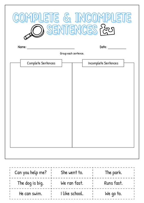 are a fun way for kids to practice their writing skills. They can be used to help kids learn how to write sentences, how to use punctuation correctly, and how to vary their sentence Complete And Incomplete Sentences, Simple Sentences Worksheet, Sentence Building Worksheets, Sentences Kindergarten, Incomplete Sentences, Printable Handwriting Worksheets, Parts Of A Sentence, Handwriting Worksheets For Kids, Weather Worksheets