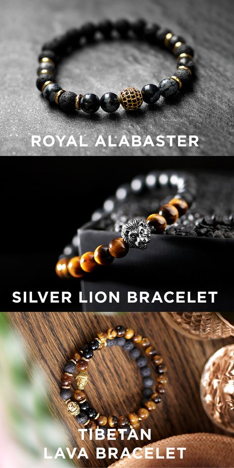 Tibetan Lava:  A charming oriental style bracelet, uniting semi-precious lava and tiger's eye beads.  Silver Lion:  A flattering combination of matte onyx and glossy red tiger's eye instantly upgrades your look. A durable silver alloy lion motif looks alluring in the midst of dark stone.  Royal Alabaster:  A smoking hot piece of jewellery that would look charming on any guy's wrist. Textured black lava and smooth alabaster stone beads make a handsome pair.  #beadedbracelet #bracelet Meditation Bracelets With Natural Lava Stones, Tiger Eye Bracelet Meaning, Mens Lava Bead Bracelet, Tiger Eye Bracelet Men, Lion Bracelet, Tiger Stone Bracelet, Lava Bracelet, Accesories Jewelry, Tiger Eye Beads