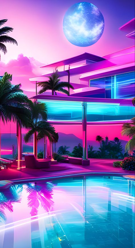 Vaporwave neon hotel palm tree ocean art Shifting Wr, Retro Color Palette 1980s, Retrowave Wallpaper, October Widgets, Vaporwave Restaurant, Vaporwave Aesthetic Wallpaper, Vaporwave House, Vaporwave Background, Vice Aesthetic