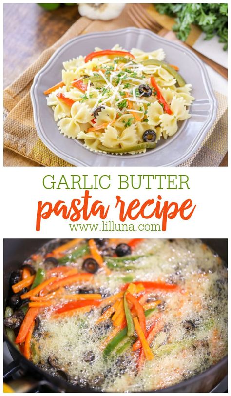 Simply dressed Garlic Butter Pasta is filled with veggies and sprinkled with parmesan. It's straightforward and so flavorful! #garlicbutterpasta #garlicpasta #butterypasta #pasta #garlic Pasta Garlic, Garlic Butter Pasta, Asian Steak Bites, Creamy Pasta Bake, Vegetable Spaghetti, Healthy Baked Chicken, Butter Pasta, Garlic Pasta, Garlic Butter Sauce