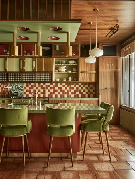 Modern Retro Studio Apartment, Crazy Kitchen Ideas, Vintage Green Decor, Vintage Italian Kitchen Aesthetic, Warm House Interior, Modern Vintage House, Eclectic Home Kitchen, Green Home Interior, Kitchen Interior Vintage