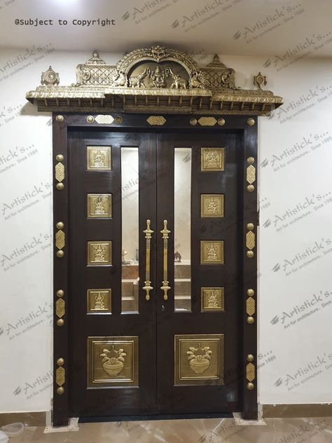 Brass Pooja Room Door, Pooja Room Door Design Traditional, Pooja Room Double Door Designs, Pooja Room Doors, Pooja Room Ideas, Brass Railing, Pooja Room Door, Small House Design Kerala, Pooja Door