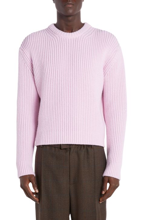 "Find BOTTEGA VENETA Wool & Cashmere Sweater on Editorialist. A springy pink hue softly saturates a boxy sweater knit from a chunky wool-and-cashmere yarns. 25\" length (size Large) Crewneck Long sleeves 69% wool, 31% cashmere Dry clean Made in Italy Men's Designer Clothing" Cashmere Sweater Men, Boxy Sweater, Cashmere Yarn, Chunky Wool, Beige Sweater, Brown Sweater, Designer Clothes For Men, Green Sweater, Sweater Knit