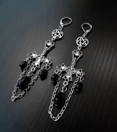 Inverted Crucifix earrings with black glass crystal teardrops. Classic gothic dangling ornamental satanic earrings, catholic inverted cross Satanic Earrings, Crucifix Earrings, Purple Octopus, Octopus Jewelry, Black Crystal Earrings, Inverted Cross, Alternative Grunge, Punk Earrings, Black Earrings Dangle