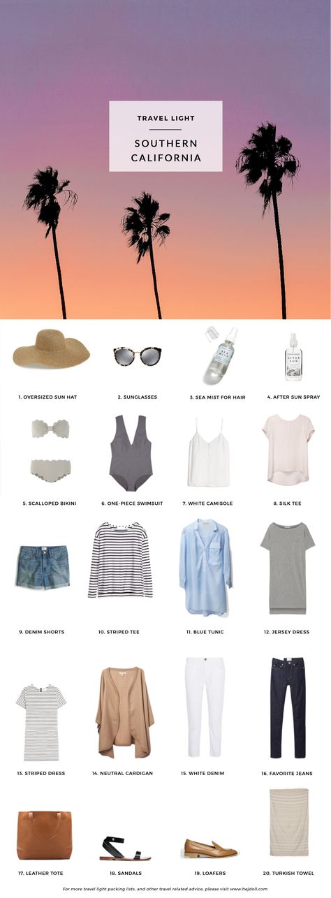 What to pack for Southern California. 20 items, 10+ days/outfits, 1 carry on suitcase. #travellight #packingtips #traveltips Southern California Spring Outfits, San Diego Style Outfits, Summer Outfits Beach Vacation, San Diego Outfits, California Style Outfits, Beach Vacation Packing, Cali Trip, California Trip, Summer Beach Outfit