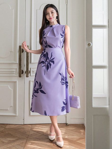 Purple Elegant Collar   Floral,Plants  Embellished Non-Stretch  Women Clothing Purple Outfits For Women Classy, Lilac Outfit Ideas, Couple Pajamas, Purple Outfits, Halter Tops, Lace Ruffle, Two Piece Outfit, A Line Skirt, Halter Top