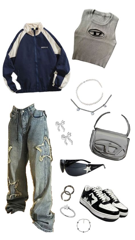 #y2k #y2koutfit #outfitinspo #clothes #earings #pants #jacket #top #necklasse #silver #bag #glasses #stars Street Skater Style, Bag Glasses, Silver Y2k, Acubi Style, Silver Outfits, Outfit Denim, Outfits 2000s, Silver Bag, Outfits Y2k