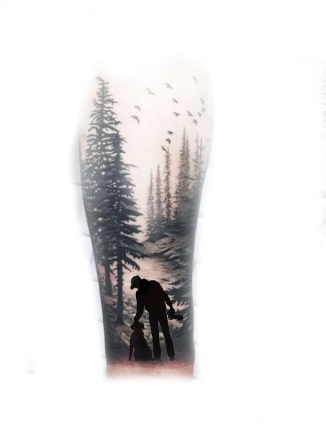 Grandpa Hunting Tattoos, Forest And Moon Tattoo, Mountain Scenery Tattoo, Tattoo Hunting, Wilderness Tattoo, Scenery Tattoo, Hunting Tattoos, Nature Tattoo Sleeve, Majestic Tree