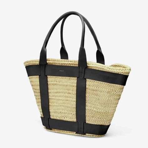 DeMellier | The Maxi Santorini Natural Basket and Black Smooth Leather Bag Demellier Santorini, Natural Baskets, Large Basket, Leather Harness, Luxury Packaging, Summer Staples, Children In Need, Gold Logo, Palm Leaves