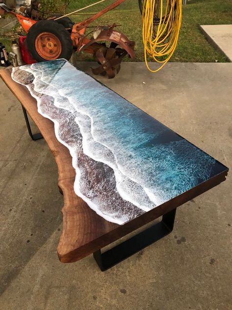 Brilliant Wood and Resin Table Brings Ocean Shores Indoors – Miif Plus Epoxy Wood Table, Wood Resin Table, Wood Furniture Plans, Epoxy Crafts, Resin Decor, Unicorn Spit, Wood Table Design, Epoxy Art, Wood Tables