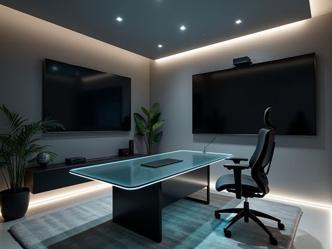 Transform your workspace with this futuristic home office design! 🖥️ A sleek glass desk and ergonomic chair blend seamlessly against dark matte gray walls. The ambient LED strip lighting sets the mood, while a large screen for virtual meetings keeps you connected. Enjoy a clutter-free environment that inspires creativity and productivity! ✨ Futuristic Home Office, Light For Office, Luxurious Penthouse, Unique Decor Ideas, Cozy Bohemian, Futuristic Home, Calming Spaces, Glass Desk, Gray Walls