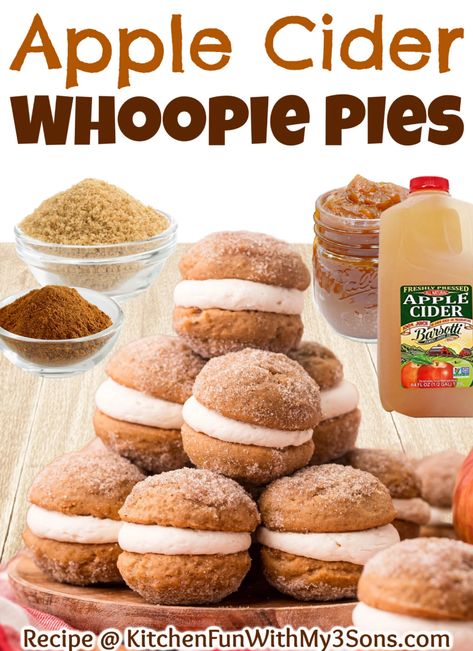 Apple Cider Whopper Pies, Apple Whoopie Pie Recipe, Apple Pie Whoopie Pies, Apple Cider Whoopie Pie Recipe, Whoopi Pies, Whoopee Pie, Autumn Foods, Cider Donuts Recipe, Apple Cider Donuts Recipe