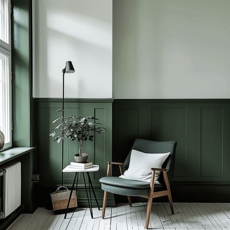 Green Wall With Wainscoting, Dark Green Half Wall Panelling, Green Wall For Living Room, Green Panelled Living Room, Green Moulding Wall, Light Green Walls Dark Green Trim, Half Green Half White Wall, Chair Rail With Wallpaper Above, Dark Green Feature Wall Living Room