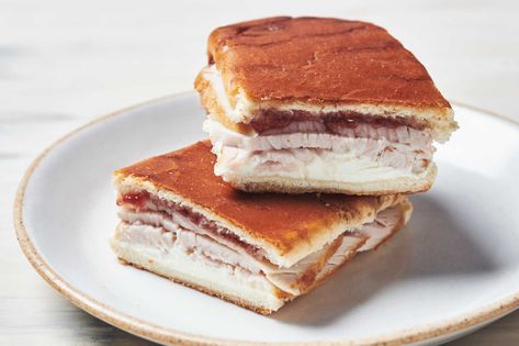 During the late 1920s or early 1930s, the Cuban socialite Elena Ruz Valdés-Fauli asked for a sandwich with turkey, strawberry preserves and cream cheese in a soft medianoche roll at El Carmelo restaurant in Havana The sandwich was an original request — it didn’t yet exist on menus in Cuba — but it eventually became something of a beloved national dish Like other popular Cuban dishes, it combines the sweet and the salty Elena Ruz Sandwich, Christmas Entrees, Cuban Sandwich Recipe, 15 Minute Dinners, Cuban Dishes, Chess Pie, Cuban Sandwich, Kettle Chips, Strawberry Preserves