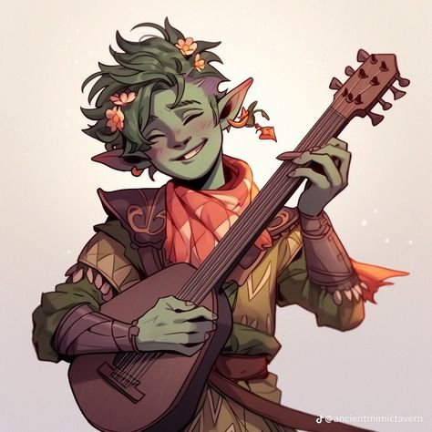 Dnd Explorer, Dnd Bard Character Design, Male Goblin Art, Goblin Bard, Dnd Design, Dnd Bard, Fallen Star, Pc Ideas, Goblin Art