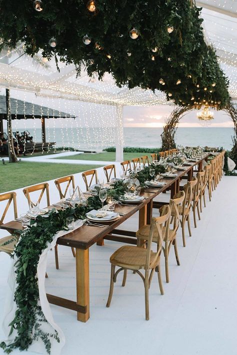 wedding trends 2019 long chic rustic table with greenery and gold geometry centerpieces on the beach axioo Tropisk Fest, Beach Wedding Reception, Outdoor Wedding Reception, Wedding Forward, Long Table, Big Wedding, Table Ideas, Rustic Wedding Decor, Simple Wedding