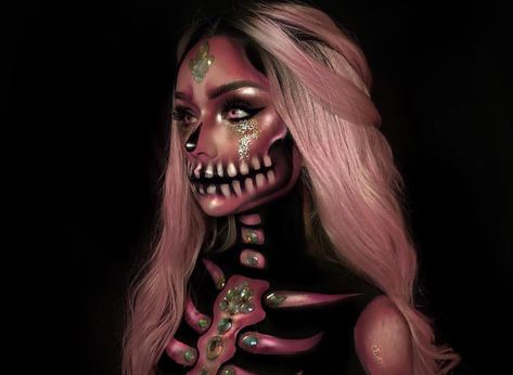 Pink Skeleton Makeup, Pink Skeleton, Paint Pallet, Paint Pots, Skeleton Makeup, Skeleton Costume, Bright Paintings, Pallet Painting, Throw Back