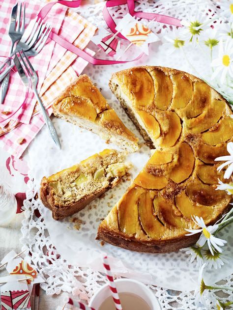 Great for teatime but also a wonderful dessert. Serve this apple cake recipe warm with lots of pouring cream instead of the calvados glaze if you want. Apple Pear Recipes, Easy Scone, Short Crust Pastry, Upside Down Apple Cake, Victoria Sandwich, Autumn Desserts, Apple Day, Olive Magazine, Easy Apple Cake