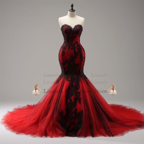 Black White And Red Wedding Dress, Red Rose Wedding Dress, Red And Black Wedding Dress, Red Wedding Dress Mermaid, Strapless Mermaid Wedding Dress, Wedding Dress Robe, Black Red Wedding, Strapless Wedding Dress Mermaid, Amazing Dresses