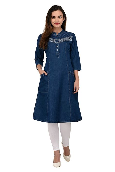 Shirt Kurti Style, Jeans And Heels Outfit Dressy Classy, Short Kurtis For Jeans Fashion, Denim Kurti Designs, Kurtis For Jeans, Jeans Kurti Style, Turtle Neck Dress Outfit, Lahanga Design, Shirt Kurti