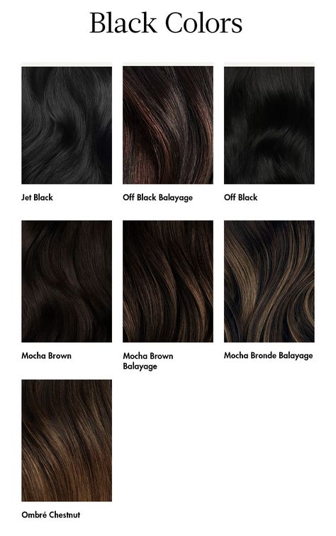 Black Hair Color Chart, Shades Of Black Hair, Soft Black Hair Color, Espresso Hair Color, Soft Black Hair, Hair Color Guide, Mocha Hair, Dark Brunette Hair, Black Hair Balayage