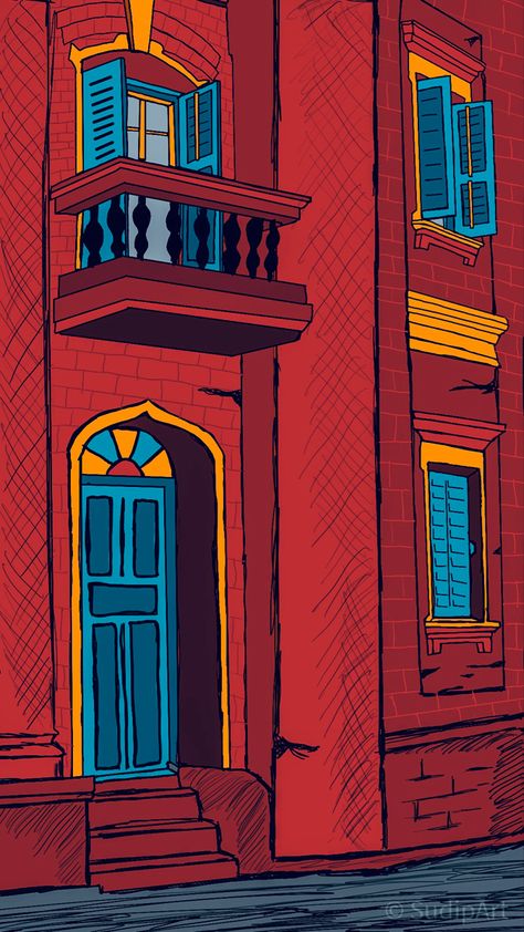 A old house of kolkata Kolkata Doodle Art, Nid Drawings, Kolkata Illustration, Vintage Kolkata, Kolkata City Drawing, Kolkata Art, Bengali Aesthetic, Window Illustration, Bengali Art