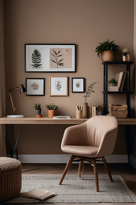 Home Office Room Color Ideas, Tan Office Walls, Earth Tone Office Decor, Earth Tone Office, Earthy Office Decor, Small Cozy Office, Small Corporate Office Design, Office Inspo Decor, Green Office Space