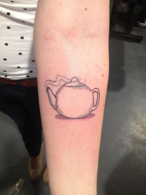 Teapot tattoo with stippling. <3 Tea Kettle Tattoo, Kettle Tattoo, Teapot Tattoo, Tea Tattoo, Teacup Tattoo, Chest Tattoos, Stick N Poke Tattoo, Tattoo Portfolio, Poke Tattoo