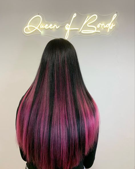 Black Hair Pink Extensions, Colored Tape In Extensions, Pink Balayage Black Hair, Pink Extensions Hair, Pink And Black Hair Ideas, Pink Highlights In Black Hair, Pink Hair Transformation, Draculaura Hair, Black And Pink Hair