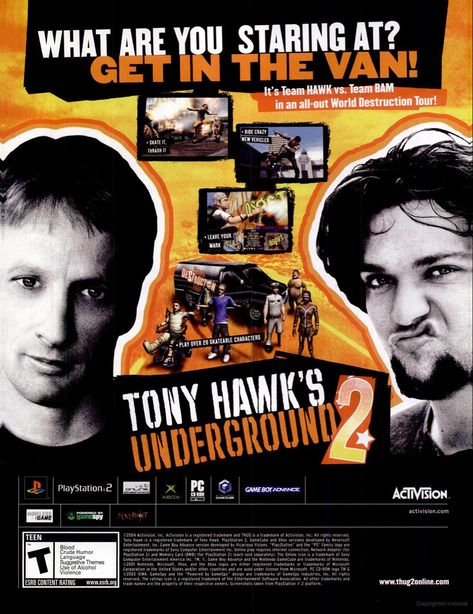 “Tony Hawk’s Underground 2” (2004) video game advertisement | November 2004 SPIN magazine Video Game Advertisement, Tony Hawks Underground, Tony Hawk Aesthetic, Tony Hawk Underground 2, Tony Hawks Underground 2, Playstation Aesthetic, Video Game Ads, Y2k Gaming, Gaming Ads