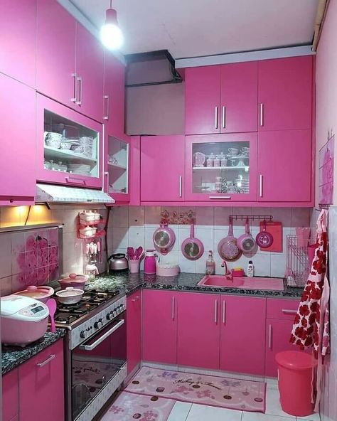 This Must Belong To Barbie Pink House Interior, Model Dapur, Aesthetic Kitchen, Boho Kitchen, Pink Kitchen, Pink Houses, Home Organization Hacks, Modern Sectional, Kitchen Cabinet Design