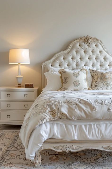 Discover 14 inspiring French style bedroom ideas filled with Parisian charm and elegant decor. This pin features beautiful design inspirations for creating a romantic and stylish bedroom space. French Style Bedroom Ideas, French Chateau Bedroom, French Bedroom Aesthetic, French Bedroom Ideas, French Chic Bedroom, Chateau Bedroom, Baroque Bed, French Design Style, Style Bedroom Ideas